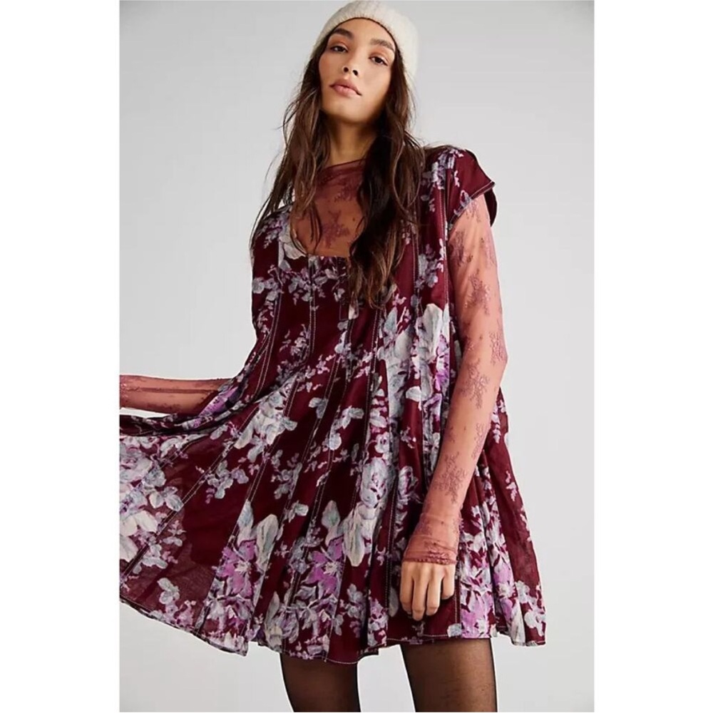 Free People Women’s Sz Medium Floral Burgundy Mini Dress